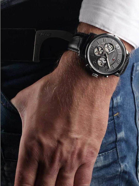 Tommy Hilfiger Keagan Мъжки Часовник 45mm Хронограф На Батерия с Черна Кожена Каишка