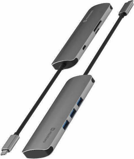 Swissten USB-Hub 6 Anschlüsse USB 3.0 mit USB-C Anschluss Silbern