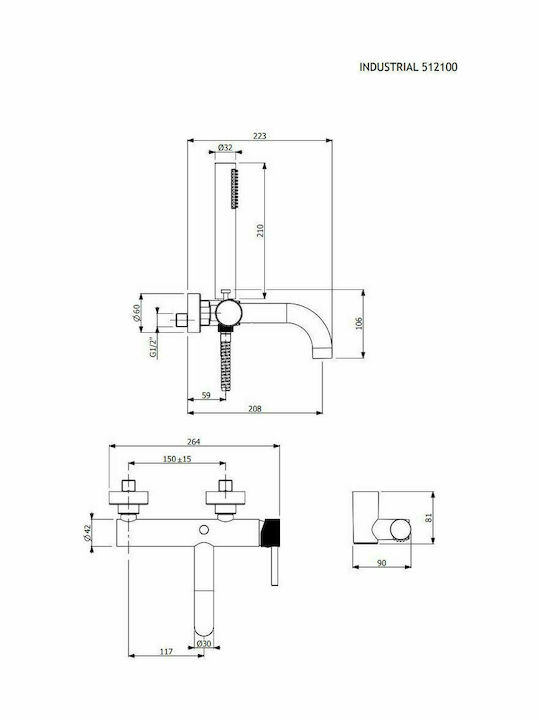 Armando Vicario Industrial Mixing Bathtub Shower Faucet Complete Set Silver