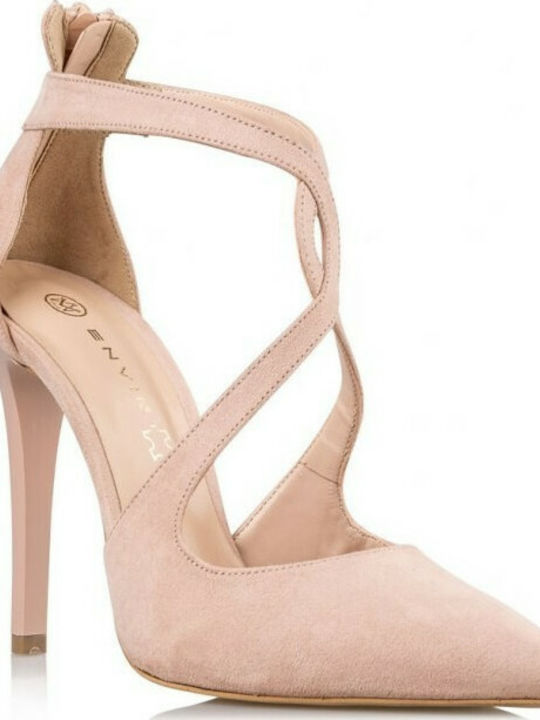 Envie Shoes Suede Stiletto Pink High Heels with Strap