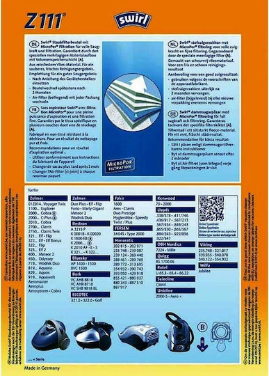 Swirl Z111-5 Σακούλες Σκούπας 5τμχ Συμβατή με Σκούπα Kenwood / Pitsos