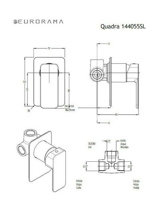 Eurorama Quadra Built-In Mixer for Shower with 1 Exit Inox Silver