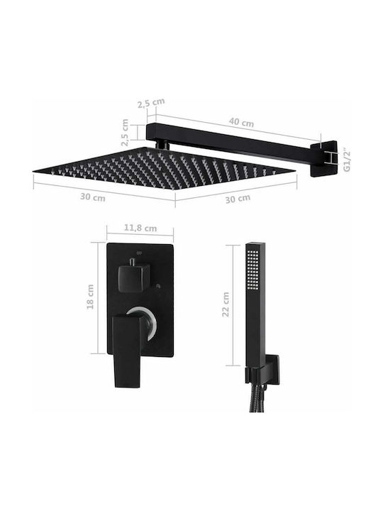 vidaXL Built-in Mixer, Hand Shower & Shower Head Set for Shower 2 Exits Inox Black Black Stainless Steel Shower System