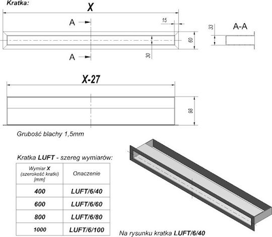 Kratki Rectangular Fireplace Air Shutter Inox 80x6cm