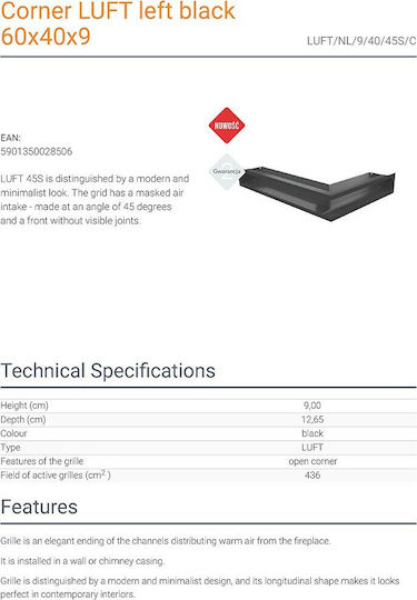 Kratki Corner Fireplace Air Shutter Black 40x60x9cm