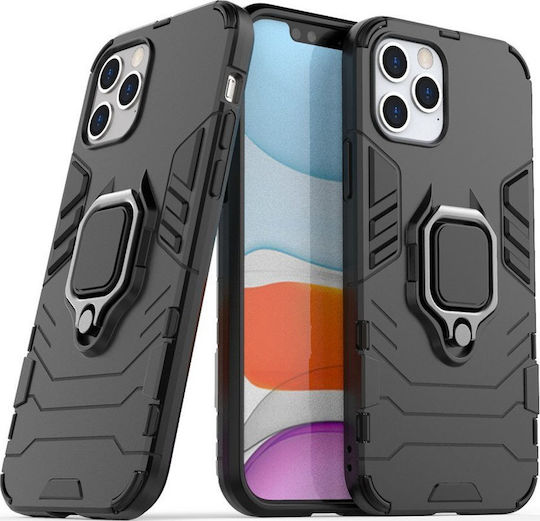 Hurtel Ring Armor Kickstand Back Cover Plastic Negru (iPhone 12 / 12 Pro)