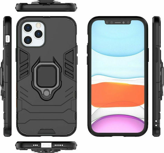 Hurtel Ring Armor Kickstand Back Cover Plastic Negru (iPhone 12 / 12 Pro)