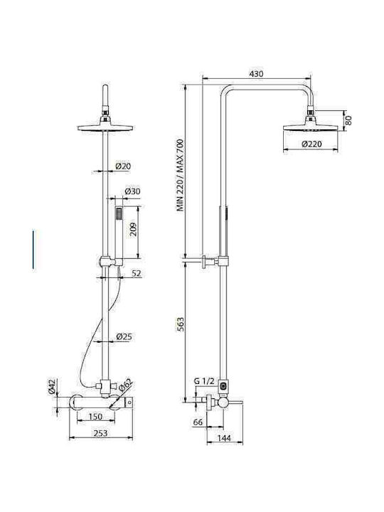 Teorema Tonda Coloană de duș cu Baterie 126.3cm Argint