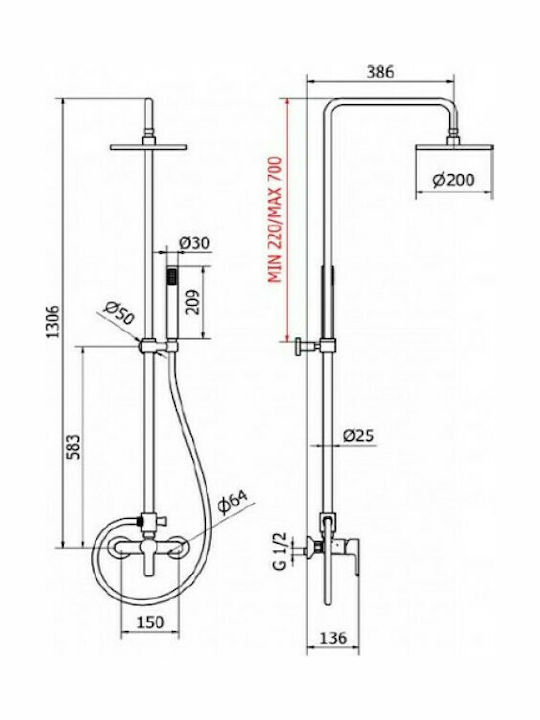 Teorema Kart Coloană de duș cu Baterie 130cm Argint