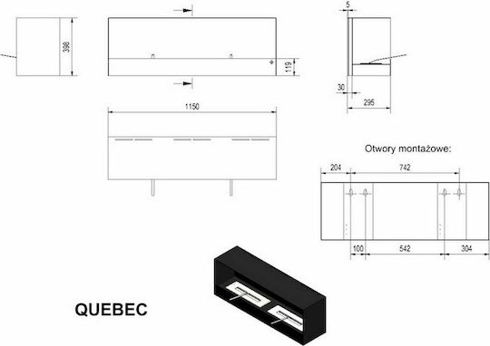 Kratki Quebec Tuv Επιτοίχιο Τζάκι Βιοαιθανόλης Εσωτερικού Χώρου Μαύρο 115x29.5x39.8cm