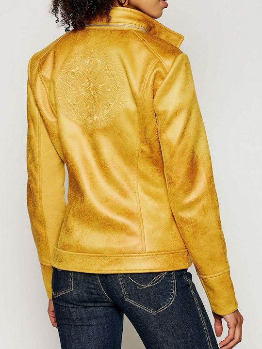 Desigual Carnaby Women's Short Biker Artificial Leather Jacket for Winter Yellow