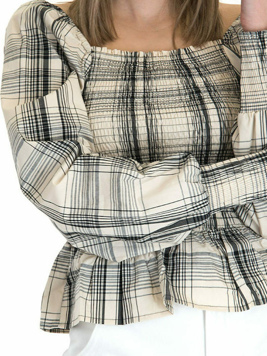 Life Women's Blouse Cotton Long Sleeve Checked Ecru/Black
