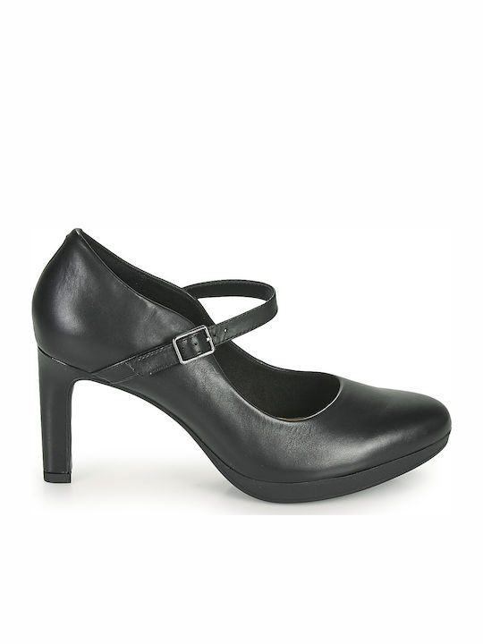 Clarks Ambyr Shine Leder Pumps mit Riemchen & Chunky hoher Absatz Schwarz