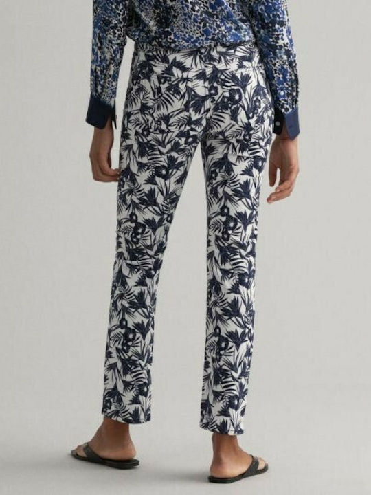 Farla Damen Stoff Hose in Schlanker Passform Blumen Marineblau