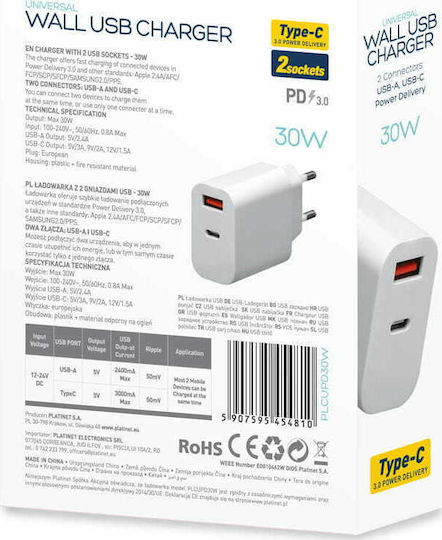 Platinet Încărcător Fără Cablu cu Port USB-A și Port USB-C 30W Albς (PLCUPD30W)