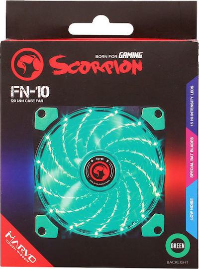 Marvo FN10 Case Fan 120mm (1200rpm / 53.2cfm) With Green Lighting And 3-Pin / 4-Pin Molex Green Connection