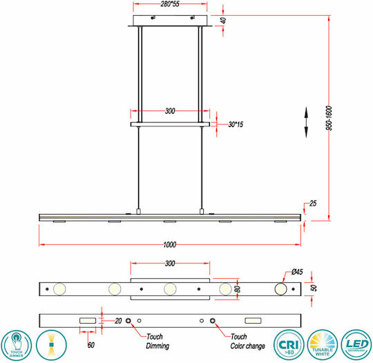 Trio Lighting Lacal Ρυθμιζόμενο Κρεμαστό Φωτιστικό Μαύρο LED με Ρυθμιζόμενο Λευκό Φως Ράγα 100x8εκ.