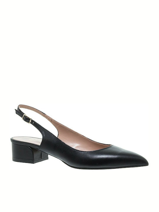 Mourtzi Leather Pointed Toe Black Low Heels with Strap