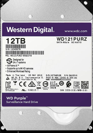 Western Digital Purple 12TB HDD Σκληρός Δίσκος 3.5" SATA III 7200rpm με 256MB Cache για Καταγραφικό WD121PURZ