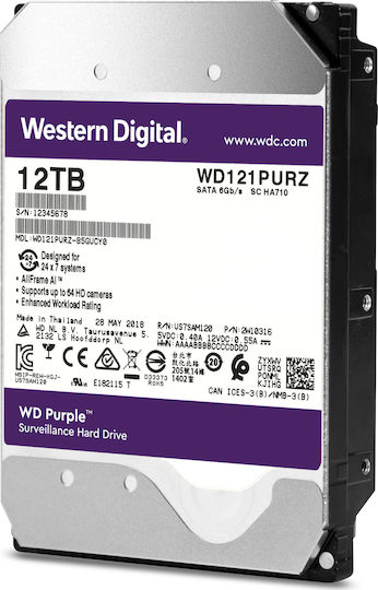 Western Digital Purple 12TB HDD Σκληρός Δίσκος 3.5" SATA III 7200rpm με 256MB Cache για Καταγραφικό WD121PURZ