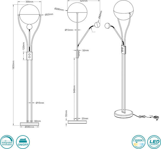 Trio Lighting Chris LED Floor Lamp H180xL52cm with Warm White Light 2000lm Chrome
