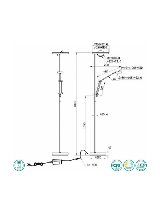 Trio Lighting Barrie Vintage LED Floor Lamp H181xW30cm. with Adjustable White Light 4000lm Bronze