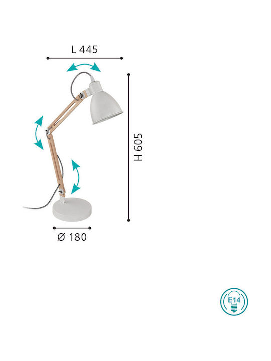 Eglo Torona 1 Office Lamp with Foldable Arm for Socket E14 in White Color