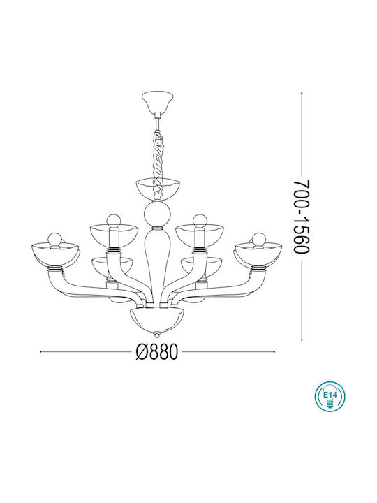 Ideal Lux Πολυέλαιος 8xE14 Ø88cm με Κεράκια Διάφανος 044255