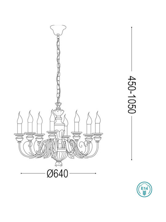 Ideal Lux Chandelier Candlestick 8xE14 White 64cm 012872