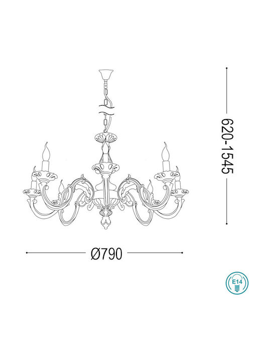 Ideal Lux Justine Sp8 Chandelier Candlestick 8xE14 White 197524