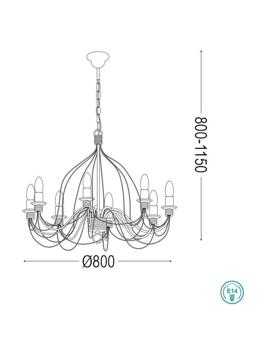 Ideal Lux Chandelier 8xE14 Ø80cm with Candlesticks White 005898