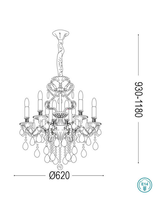 Ideal Lux Chandelier Candlestick 6xE14 Gold 62cm 060507