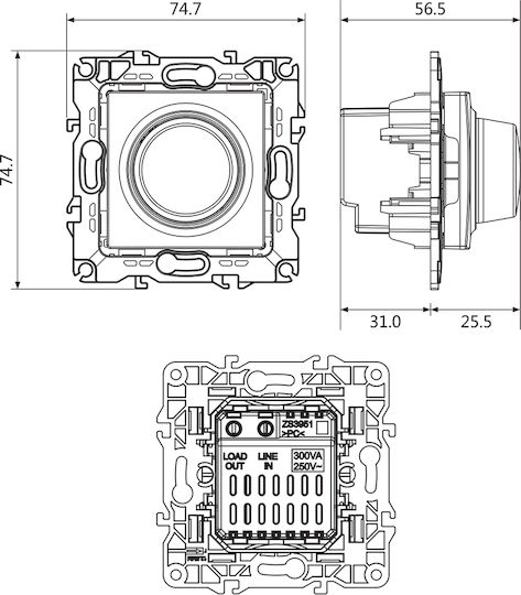 Aca Prime Χωνευτός Διακόπτης Dimmer χωρίς Πλαίσιο Απλός Περιστροφικός 800W σε Ασημί Χρώμα