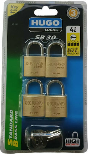 Hugo Locks SB30 Steel Padlock Brass with Key 30mm 4pcs