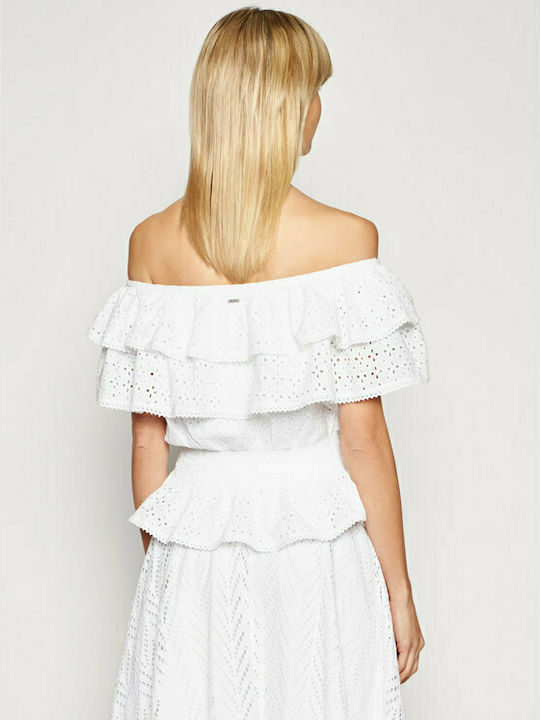 Guess Women's Summer Blouse Cotton Off-Shoulder Short Sleeve White