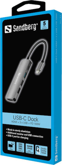 Sandberg USB-C Docking Station mit HDMI 4K PD Silber (136-32)