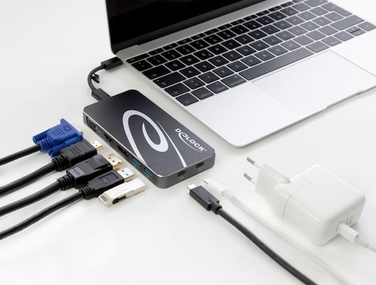 DeLock USB-C Docking Station με HDMI/DisplayPort 4K PD και συνδεση 3 Οθονών Μαύρο (87773)