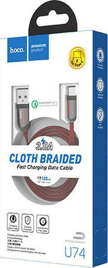 Hoco U74 Grand Braided Flat USB 2.0 Cable USB-C Male - USB-A Red 1.2m