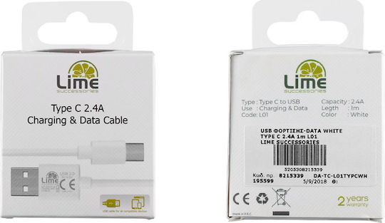 Lime Lime L01 USB 2.0 Kabel USB Typ-C männlich - USB-A Weiß 1m