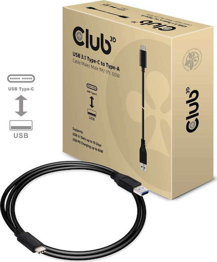 Club3D Club 3d USB 3.1 Cable USB-C male - USB-A 60W PD Μαύρο 1m CAC-1523