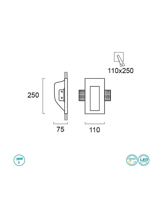 Viokef Aster Правоъгълена Гипс Вграден Спот с Патрон Вграден LED 1W 75lm Бял 11x25см. 1бр