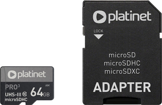 Platinet Pro3 microSDXC 64GB U3 A1 UHS-III 90MB/s με αντάπτορα