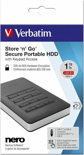 Verbatim Store 'n' Go Secure with Keypad Access USB 3.1 External 2.5" HDD 2TB Black