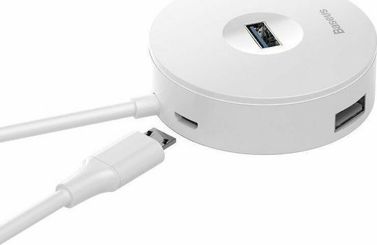 Baseus Кръгъл USB 3.0 Хъб с 4 Порта с USB-C Връзка Бял