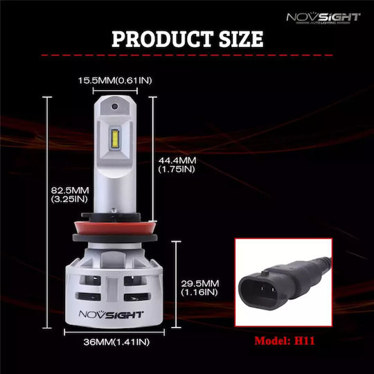 NovSight Lamps Car & Motorcycle H11 LED 6500K Cold White 12-24V 30W 2pcs