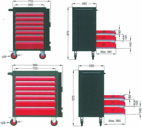 Benman Cu roți Metal Căruță cu 7 Sertare L45xA89xÎ97.5cm