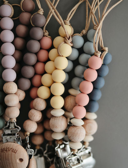 Mushie Pacifier Clip Halo with Wooden Blue Beads