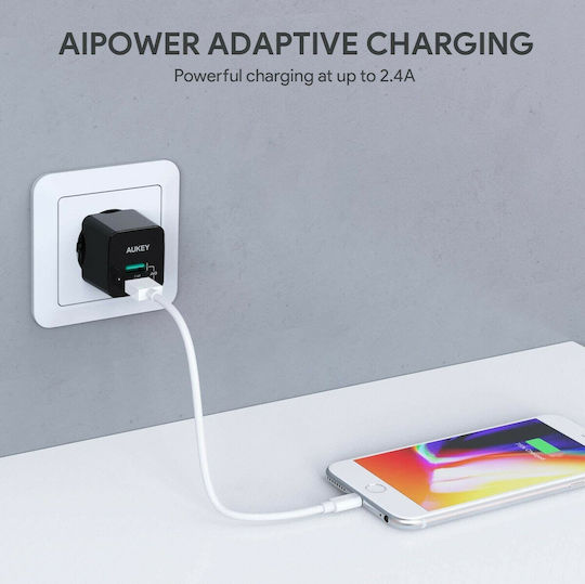 Aukey Φορτιστής Χωρίς Καλώδιο με 2 Θύρες USB-A 12W Μαύρος (PA-U32)