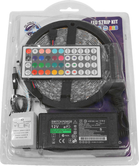 GloboStar Αδιάβροχη Ταινία LED 12V RGB Φως 5m Τύπου SMD5050 με Τροφοδοτικό & Τηλεχειριστήριο