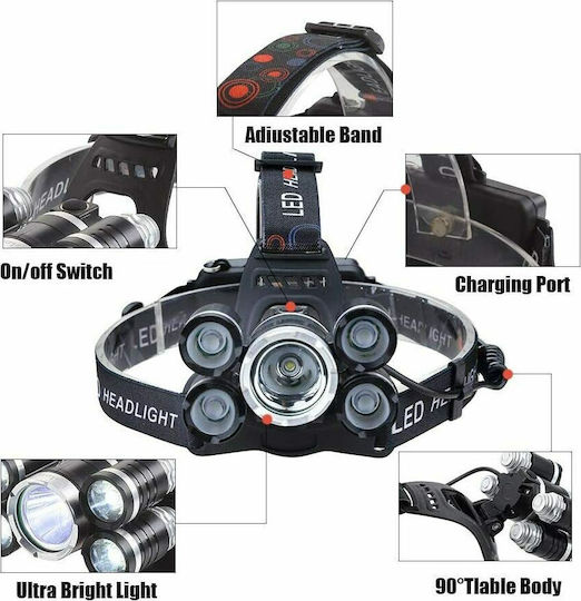 GloboStar Rechargeable Headlamp LED IP44 with Maximum Brightness 5000lm XML2-T6 50pcs Black